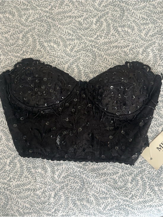 Tops - Black Sequin Lace Bustier Top - Women Intimates & Sleepwear